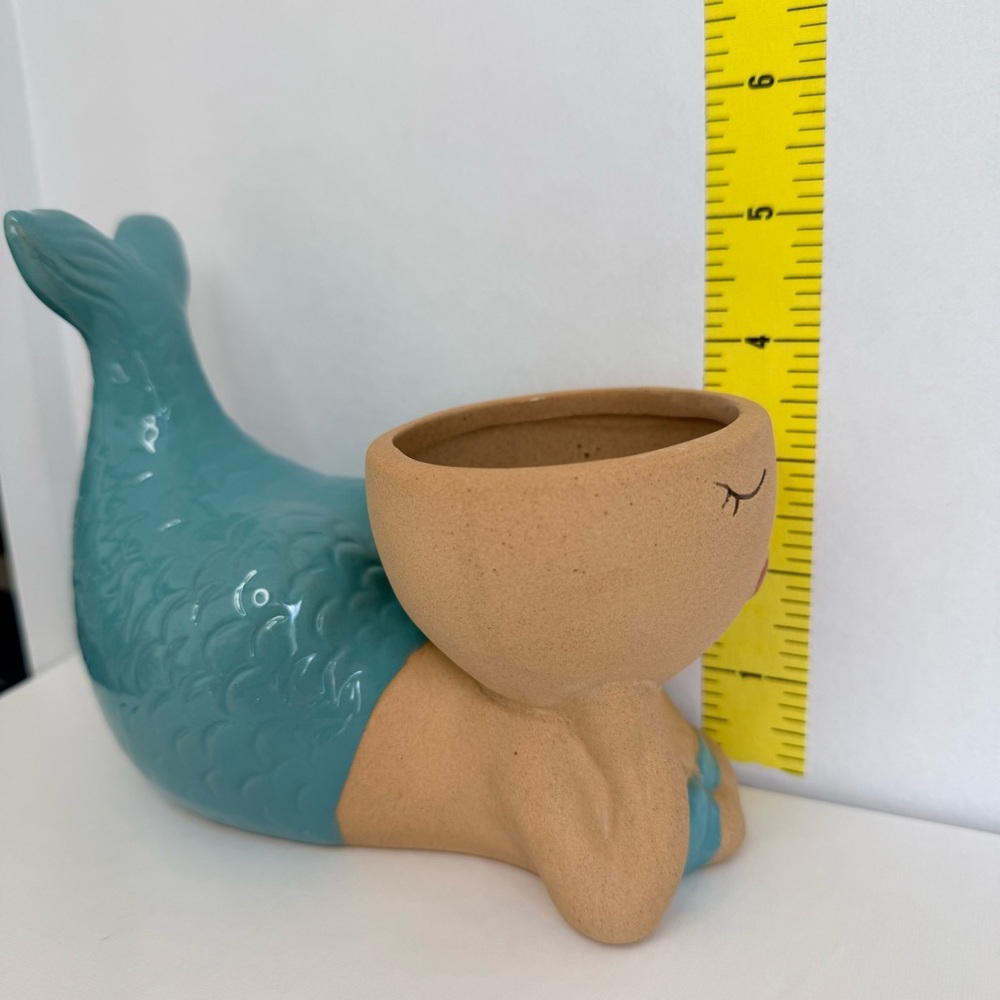 Ceramic Mermaid Planter in Turquoise - Vase Pot Succulent Candle Holder - Beach - Picture 5 of 8